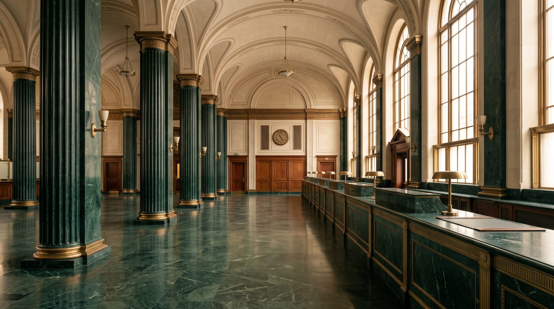 Private banking hall in green marble and brass