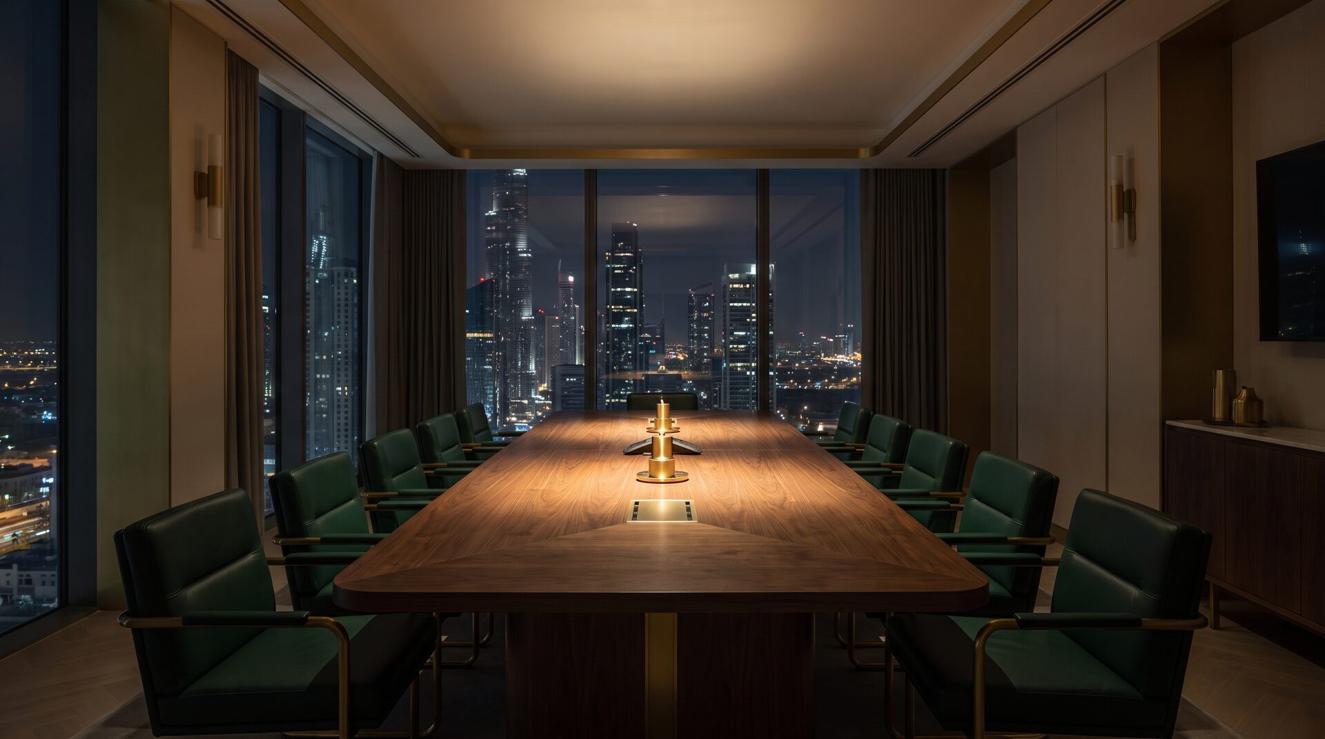 Executive boardroom overlooking a night skyline