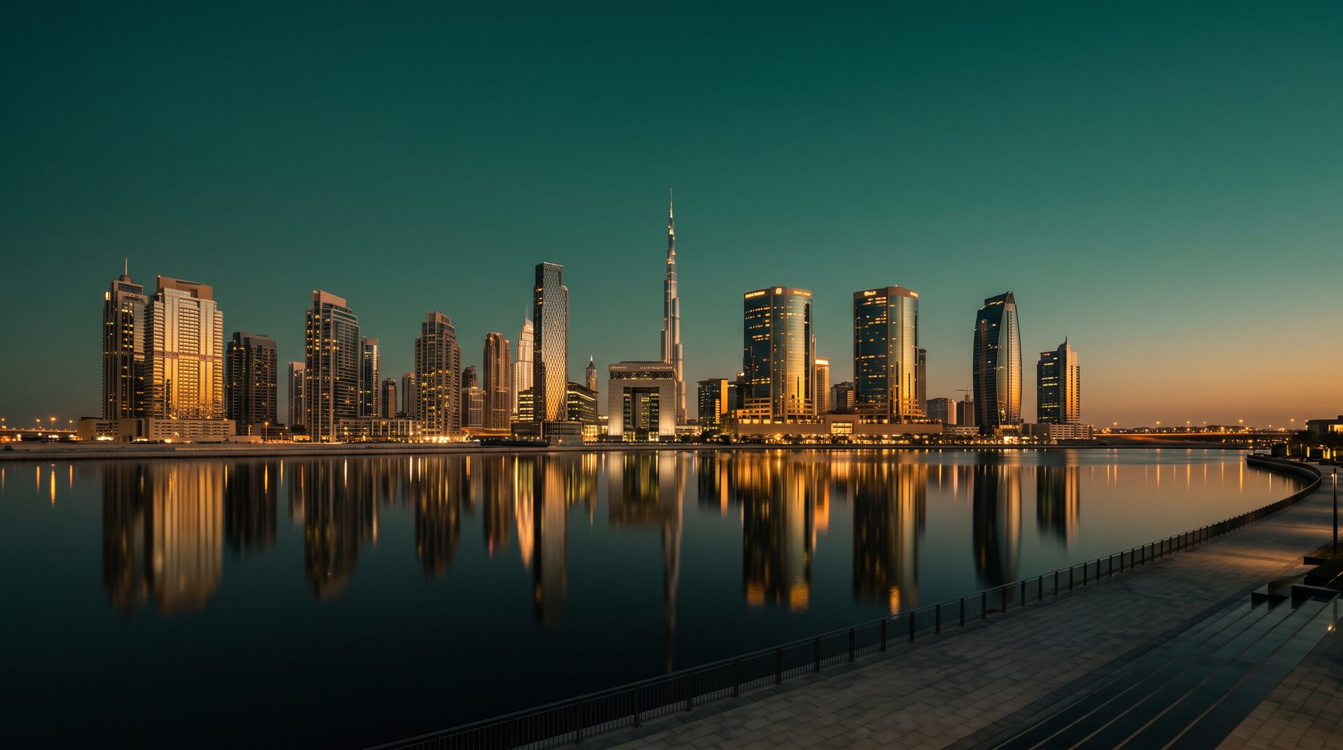 Dubai financial district skyline at blue hour