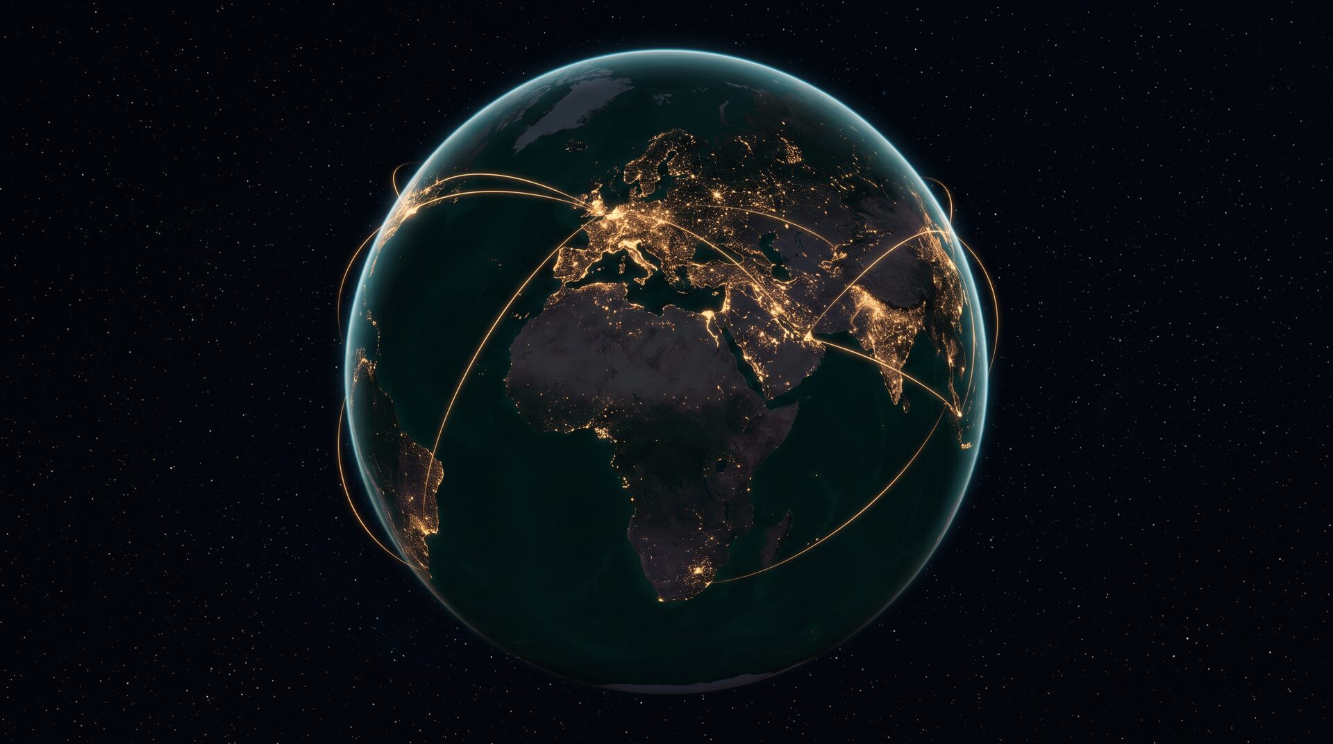 Golden trade routes connecting continents at night